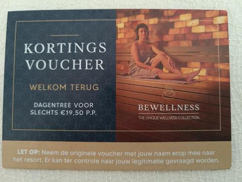 Kortingsvoucher Bewelness / sauna / Dagentree Ticket 19.50, Tickets en Kaartjes, Kortingen en Cadeaubonnen, Twee personen, Spa of Sauna