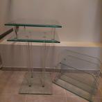 Glazen bijzettafel met glazen krantenbak, Ophalen, Vierkant, 60 cm of meer, Minder dan 55 cm