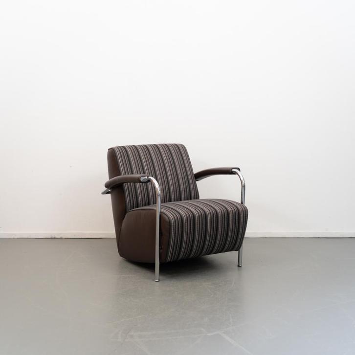 2x Leolux Scylla Fauteuil Laag Bruin/Wit/Zwart Stof - Streep, Huis en Inrichting, Fauteuils, Zo goed als nieuw, Leer, Metaal, Stof