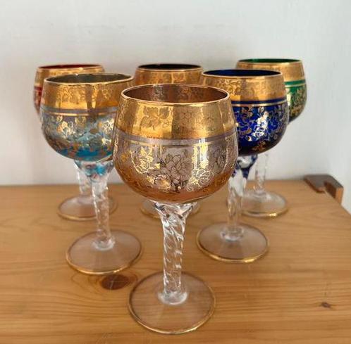 Set 6 Murano wijn Glazen Kristal Venetie boho vintage goud, Antiek en Kunst, Antiek | Glas en Kristal, Ophalen of Verzenden