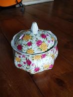 Porseleinen pot met deksel, met geel en roze rozen, Porselein of Keramiek, Schaal, Rond, Ophalen of Verzenden
