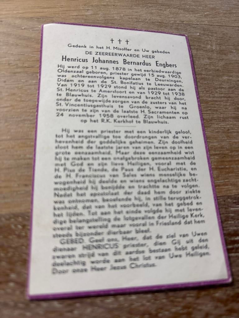 Engbers Henricus 1876 Oldenzaal 1958 Groenlo priester, Verzamelen, Bidprentjes en Rouwkaarten, Ophalen of Verzenden, Bidprentje