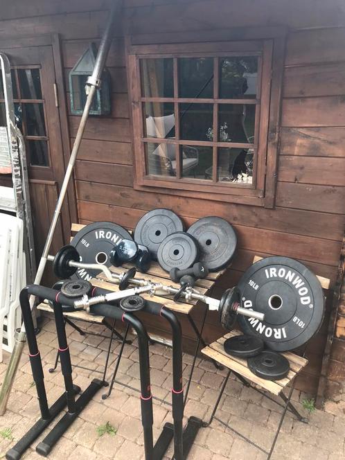 Halterstangen sledgehammers bumperplates gewichtheffen, Sport en Fitness, Fitnessmaterialen, Zo goed als nieuw, Halterstangen