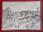 Potloodtekening " Boer met paard begroet de machinist ", Ophalen of Verzenden