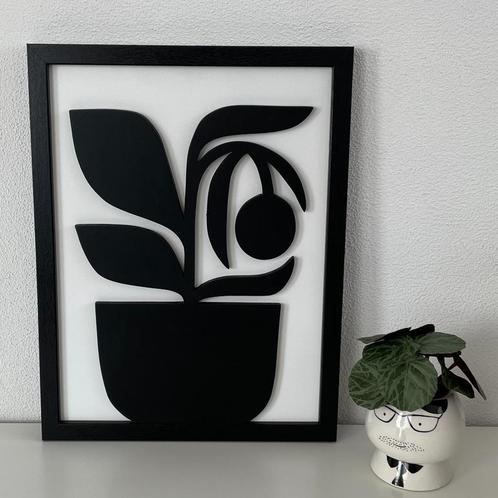 Schilderij van hout "plant in pot" - maat: 43 X 33 cm., Huis en Inrichting, Woonaccessoires | Schilderijen, Tekeningen en Foto's