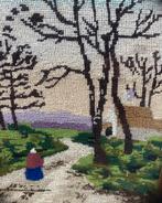 Ingelijst borduurwerk - Vrouw op weg naar kapel, Ophalen of Verzenden
