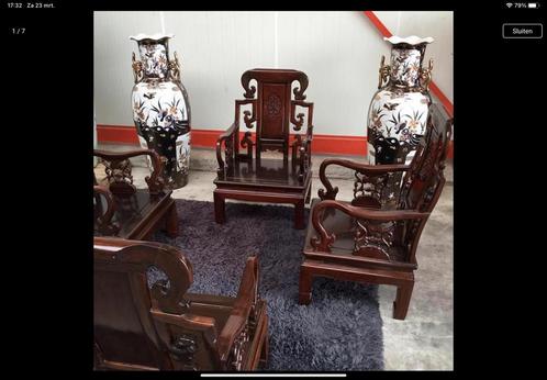 Authentieke zware Chinese stoel houtsnijwerk, vazen., Antiek en Kunst, Antiek | Meubels | Stoelen en Banken, Ophalen