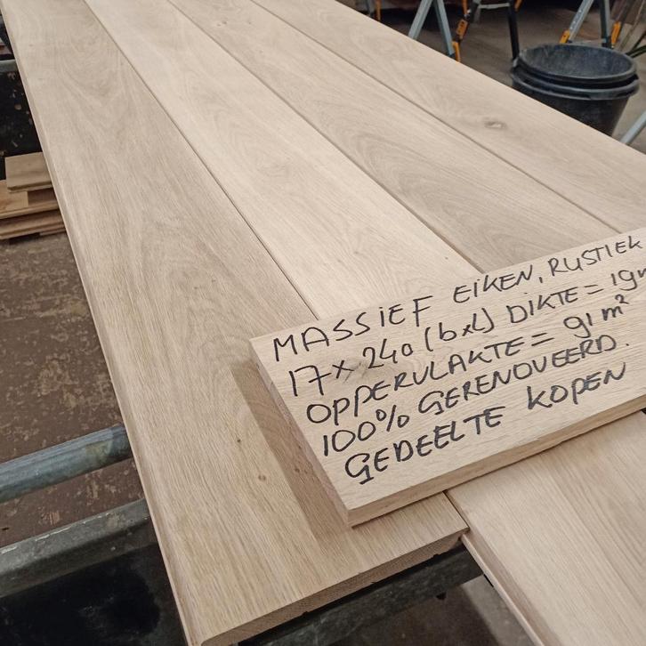 massief eiken houten vloer 17cm br, opp 91m2, 100% refurbish, Doe-het-zelf en Verbouw, Vloerdelen en Plavuizen, Zo goed als nieuw