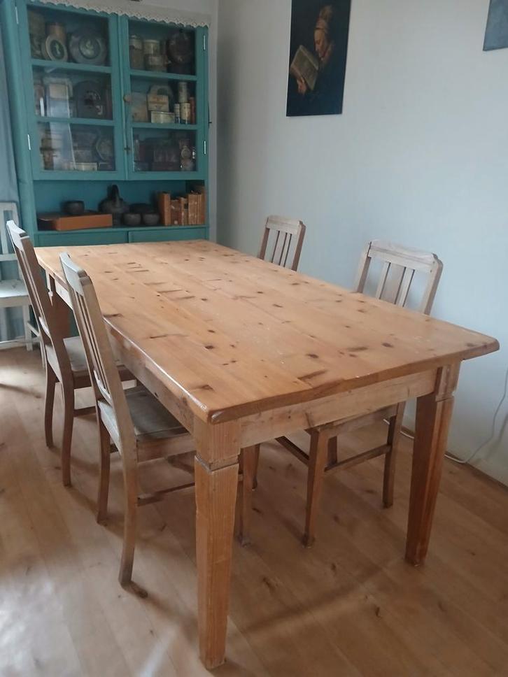 Oude Grenen Eettafel / 5 stoelen, Huis en Inrichting, Complete eetkamers, Gebruikt, 4 tot 6 stoelen, Ophalen