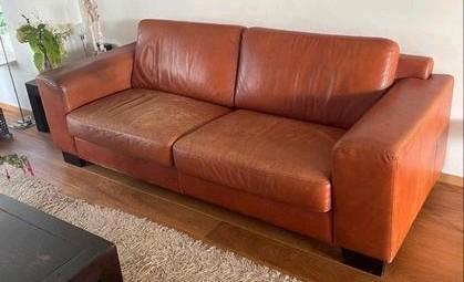 Cognac leren bank - Driepersoons, Huis en Inrichting, Banken | Bankstellen, Gebruikt, Rechte bank, Driepersoons, 200 tot 250 cm