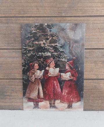 Vintage look kerst-kaart 3 meisjes zingen voor de kerstboom beschikbaar voor biedingen