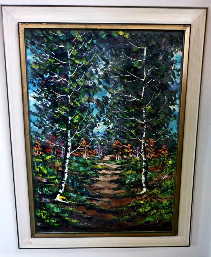 Mid Century Modern Bos Landschap Schilderij in Lijst 84x64CM, Huis en Inrichting, Woonaccessoires | Schilderijen, Tekeningen en Foto's