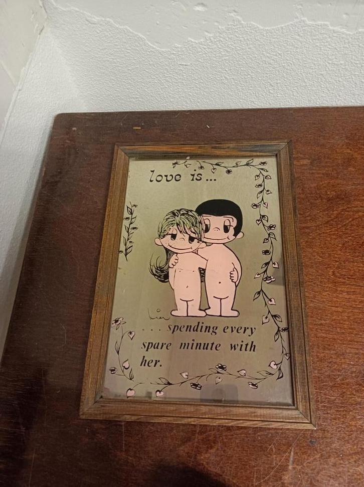 "Liefde is" spiegel jaren '70, Antiek en Kunst, Antiek | Spiegels, Minder dan 50 cm, Rechthoekig, Ophalen of Verzenden