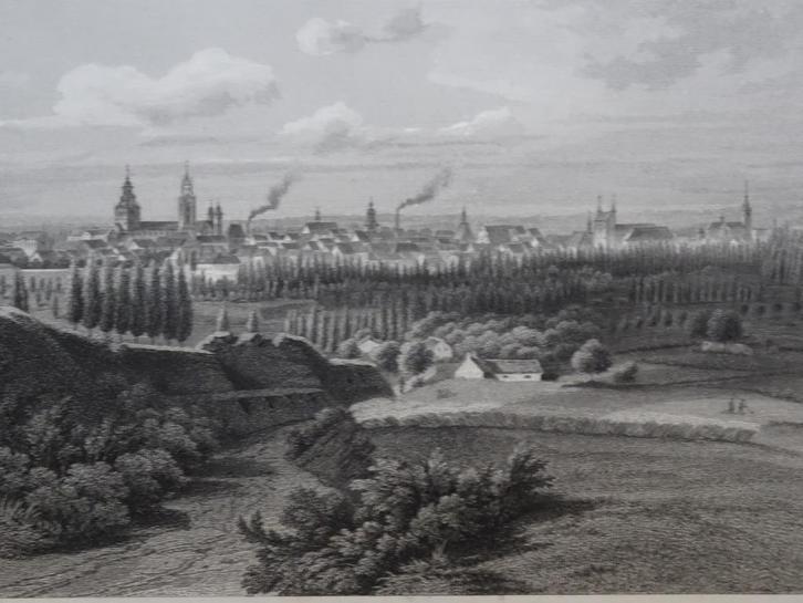 staalgravure Maastricht vanuit de Pietersberg C. Rorich 1858, Antiek en Kunst, Kunst | Etsen en Gravures, Verzenden