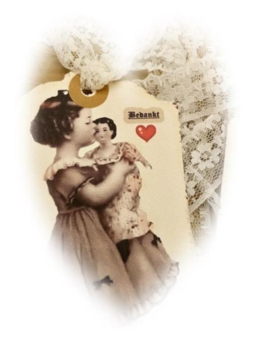 oude look label "bedankt"met nostalgische afb ,koord kant, Antiek en Kunst, Curiosa en Brocante, Ophalen of Verzenden