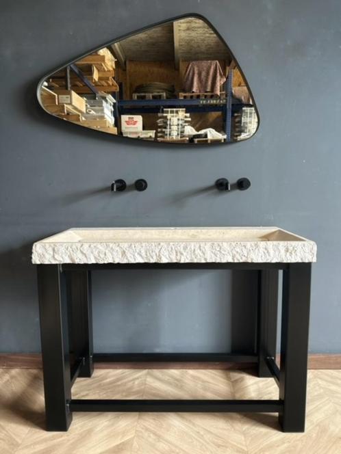 Luxe badmeubelset staal en travertin, slechts € 995, Huis en Inrichting, Badkamer | Badkamermeubels, Nieuw, Wastafelkast, Minder dan 100 cm