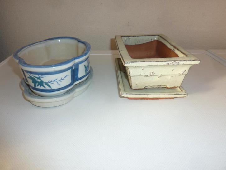 2 Bonsaischaaltjes., Tuin en Terras, Bloempotten, Gebruikt, Aardewerk, Binnen, Balkon, Minder dan 40 cm, Minder dan 25 cm, Rechthoekig