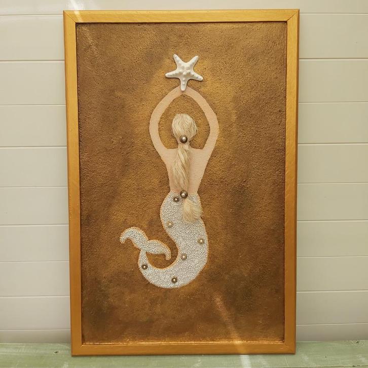 3D schilderij met zeemeermin in goud, Huis en Inrichting, Woonaccessoires | Schilderijen, Tekeningen en Foto's, Nieuw, Schilderij