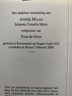 Maas x de Groot 1931 Roosendaal 2000 Boxtel, Verzamelen, Bidprentjes en Rouwkaarten, Ophalen of Verzenden, Bidprentje