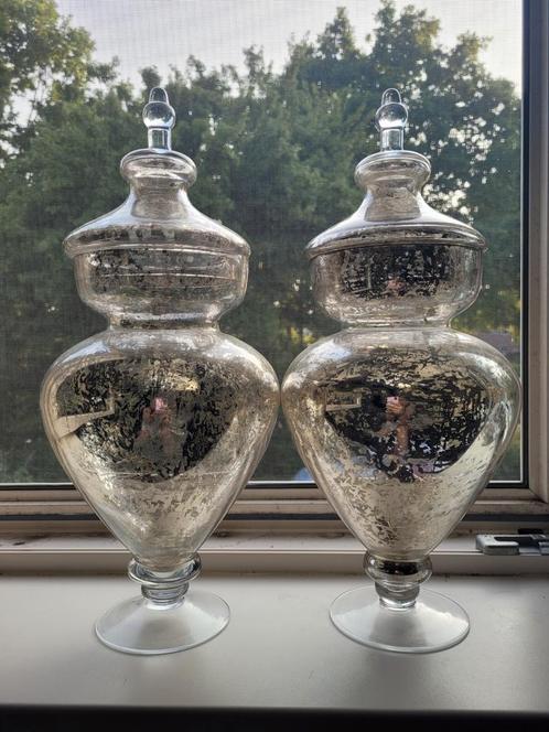 Vintage set glazen stolpen met zilver, Huis en Inrichting, Woonaccessoires | Vazen, Overige kleuren, Minder dan 50 cm, Glas, Ophalen of Verzenden