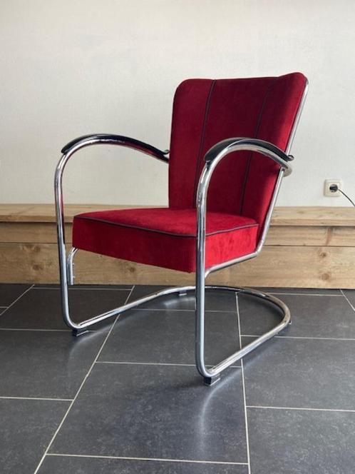 Gispen 412 fauteuil, hoogglans chroom, donkerrode ribstof, Huis en Inrichting, Fauteuils, Zo goed als nieuw, Metaal, Stof, 50 tot 75 cm