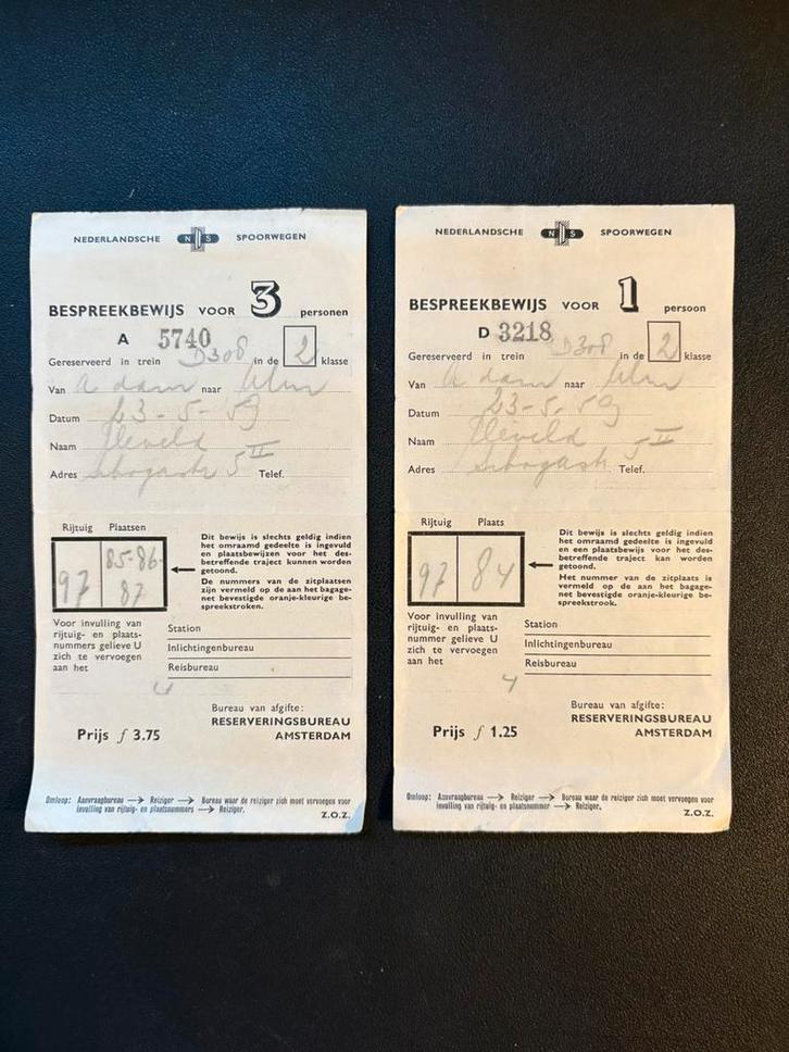 Twee bespreekbewijzen 2e klasse Amsterdam - Almelo (1959), Verzamelen, Spoorwegen en Tramwegen, Gebruikt, Trein, Ophalen of Verzenden
