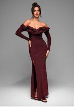 Bordeaux off-shoulder avondjurk met split – maat 36, Kleding | Dames, Gelegenheidskleding, Galajurk, Ophalen of Verzenden, Zo goed als nieuw