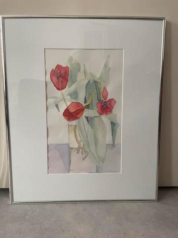 Aquarel met Tulpen in Zilveren Lijst beschikbaar voor biedingen