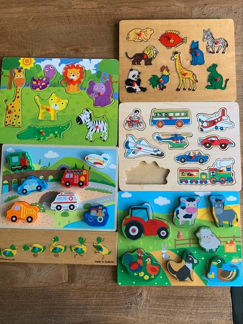6 Houten kinder puzzels incl een sensorische puzzel, Kinderen en Baby's, Speelgoed | Kinderpuzzels, Zo goed als nieuw, Minder dan 10 stukjes
