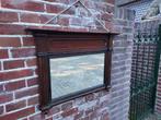 Antieke houten spiegel, fraai bewerkte lijst., Ophalen of Verzenden, Rechthoekig, 50 tot 100 cm, Minder dan 100 cm