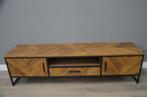 Teak tv meubel met visgraat en staal 190 cm, 150 tot 200 cm, Ophalen of Verzenden, Zo goed als nieuw, Metaal