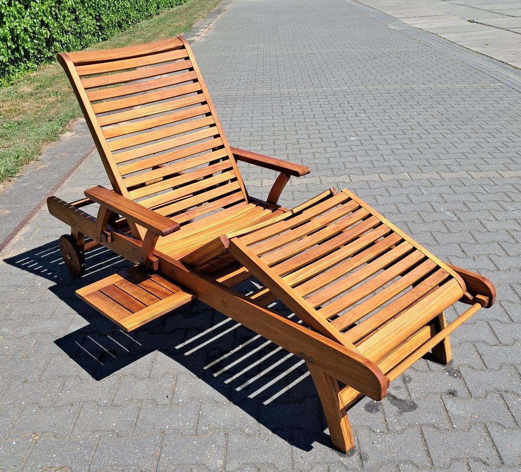 Sunyard Derby teakhouten ligbed wielen met Madison kussen, Ophalen, Gebruikt, Teakhout, Verstelbaar