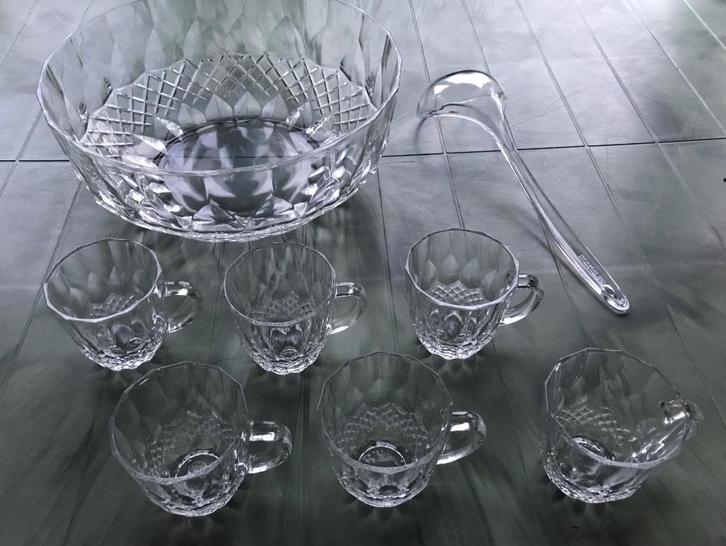 Glazen bowl met 6 glazen en lepel - First line Elegant glass, Antiek en Kunst, Antiek | Glas en Kristal, Ophalen