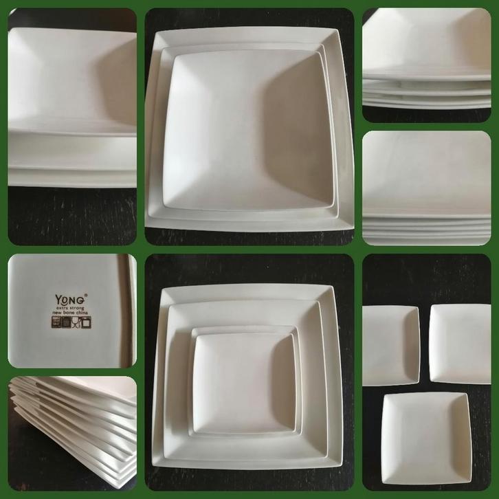 Yong China vierkant servies wit porselein, Huis en Inrichting, Keuken | Servies, Zo goed als nieuw, Bord(en), Effen, Porselein