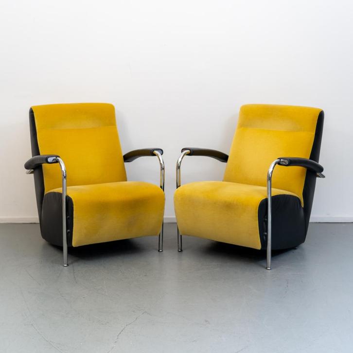 2x Leolux Scylla - Hoge Rug gele stof/zwarte zijkant, Huis en Inrichting, Fauteuils, Zo goed als nieuw, Ophalen of Verzenden