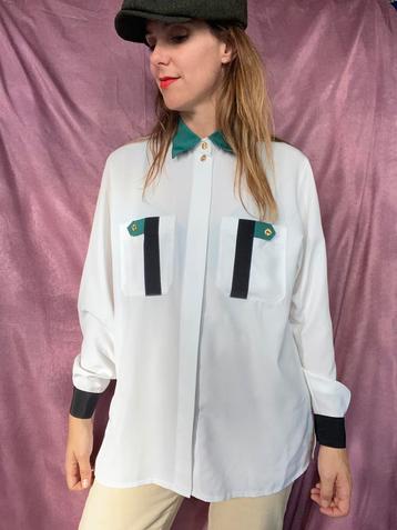 Vintage jaren 90 blouse - wit / blauw / groen - 40/L/large beschikbaar voor biedingen
