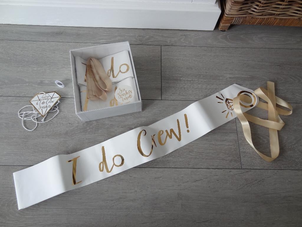 NIEUW! Sjerpen 'I Do Crew' Wit/Goud 5 Stuks >Snelle Verzendi, Ophalen of Verzenden, Zo goed als nieuw, Feestartikel, Geboorte of Huwelijk