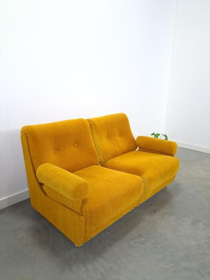 Modulaire sofa, fauteuils warm geel vintage, Huis en Inrichting, Banken | Bankstellen, Gebruikt, Rechte bank, Tweepersoons, Stof