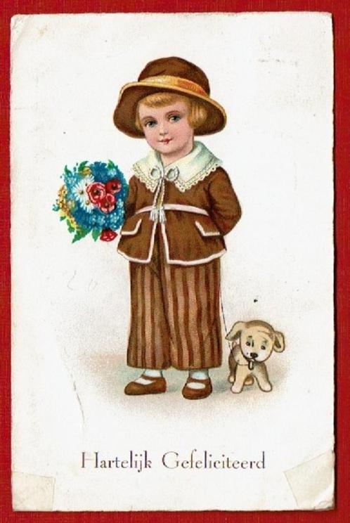 Kinderen - H.G. - Meisje met hondje en boeket - jr.'20, Verzamelen, Ansichtkaarten | Themakaarten, Gelopen, 1920 tot 1940, Kinderen