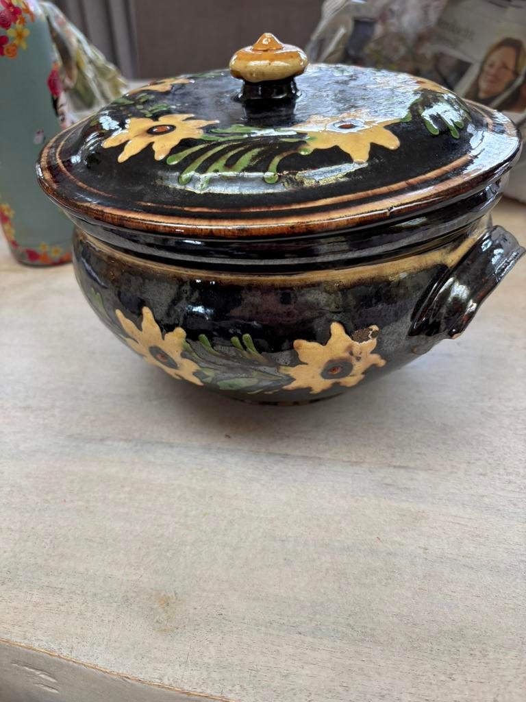 Brocante aardewerk stoofpot /terrine deksel bloemenmotief, Antiek en Kunst, Ophalen of Verzenden