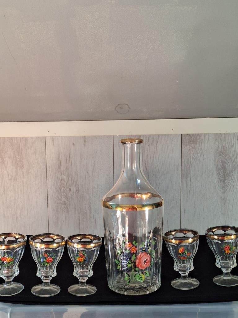 Karaf set met 5 glaasjes en bloembeschildering, Antiek en Kunst, Antiek | Glas en Kristal, Ophalen of Verzenden