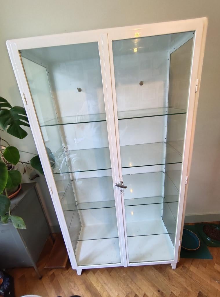 Vintage Vitrinekast / Labkast - Wit Metaal en Glas, Ophalen, Vintage, Industrieel, 50 tot 100 cm, Glas