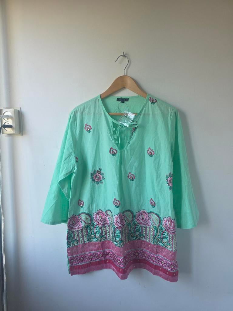 Bindi Tuniek Mintgroen met Roze Borduurwerk L/XL Boho Stijl, Kleding | Dames, Ophalen of Verzenden, Gedragen, Maat 42/44 (L), Groen