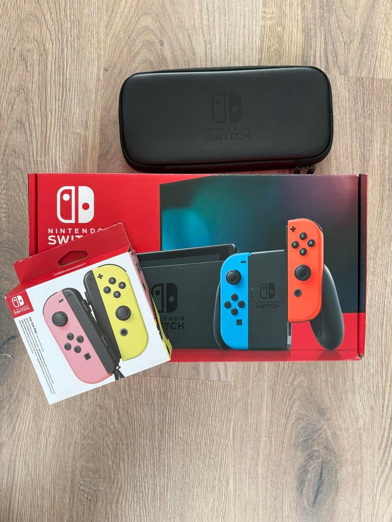 Nintendo Switch V2 - Complete Set + Extra Joy-Cons + Case, Ophalen, Zo goed als nieuw, Met 3 controllers of meer, Switch 2019 Upgrade