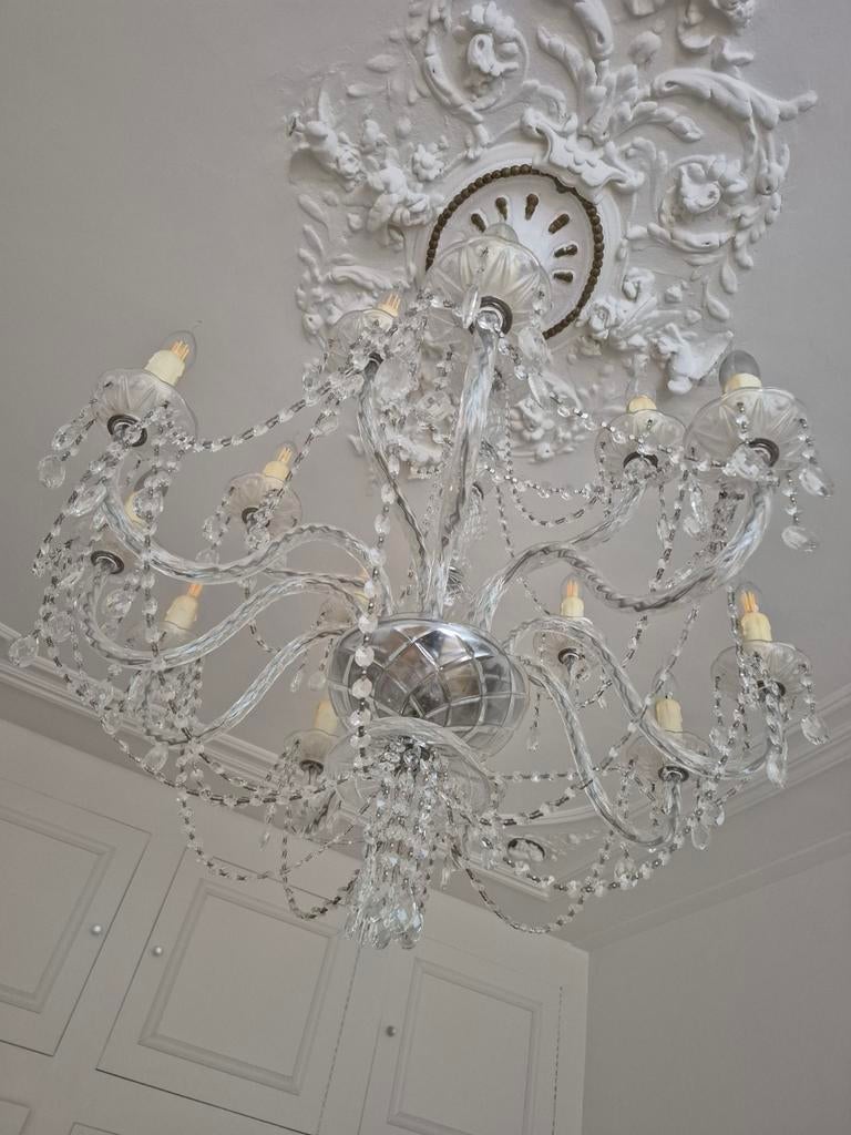 Prachtige kristallen kroonluchter met 12 armen, Huis en Inrichting, Lampen | Kroonluchters, Gebruikt, Glas, Metaal, Ophalen of Verzenden