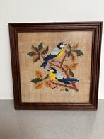 Geborduurd schilderijtje met koolmeesjes, Huis en Inrichting, Ophalen of Verzenden, Gebruikt