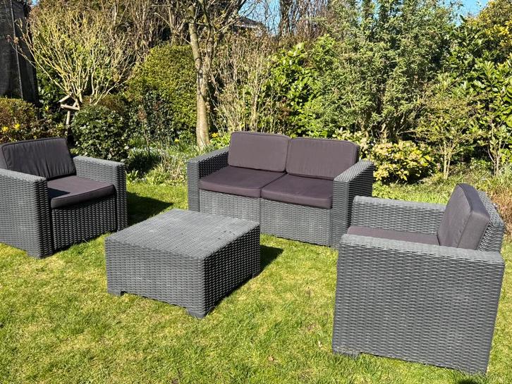 Tuinset 4 personen Allibert antraciet wicker met kussens, Tuin en Terras, Tuinsets en Loungesets, Zo goed als nieuw, Wicker, Ophalen