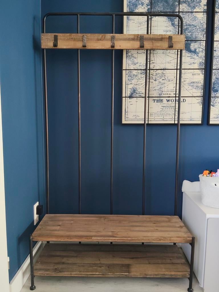 Staande kapstok met bankje en schoenenrek (hout/staal), Ophalen, Gebruikt, Staande kapstok, 150 tot 200 cm