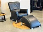 2x Rolf Benz 322 – Fauteuil + Hocker – Zwart Leder |, Jori pode desingn Leolux gelderland, Leer, Zo goed als nieuw, 75 tot 100 cm