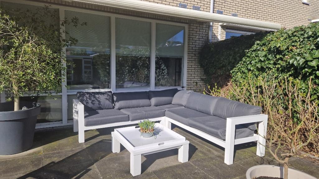 Exclusieve Design loungeset wit met grijze kussens, Ophalen, 5 zitplaatsen, Aluminium, Zo goed als nieuw